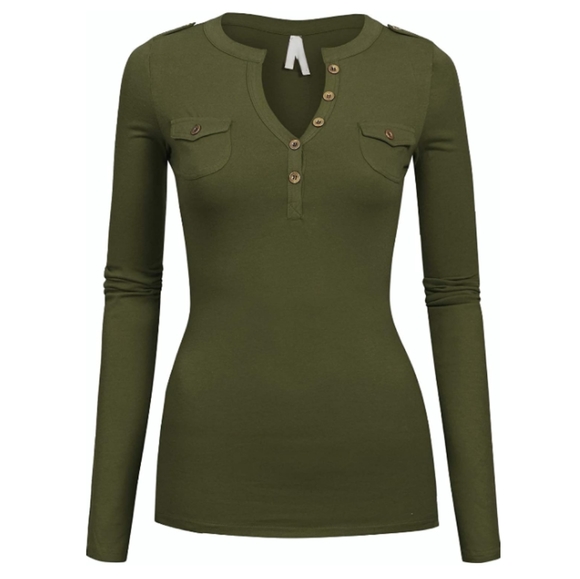 Tops Olive Green Button Up Long Sleeve Henley Shirt Top Poshmark